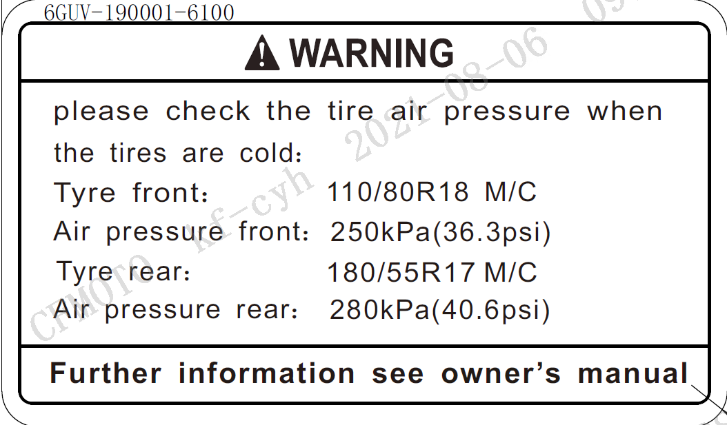 INSTRUCTION LABEL, TIRE PRESSURE - F19-3
